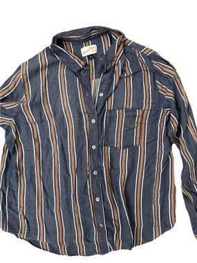 Universal Thread Navy, Brown & White Striped Button-Down Shirt